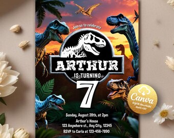 Invitación de cumpleaños de dinosaurio, invitación a fiesta de cumpleaños de dinosaurio, Stomp on Over, invitación de cumpleaños de niño, cumpleaños jurásico, plantilla editable de Canva