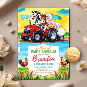 Editable Farm Birthday Invitation, Farm Animals Party Invitation, Barnyard Animals Ranch Kids Birthday Invitation, Editable Canva Template