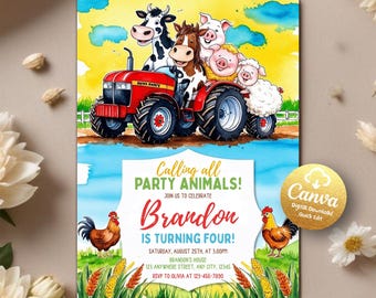 May include: A colorful birthday party invitation featuring a red tractor driven by a cow, horse, pig, and sheep. The invitation reads "Calling all PARTY ANIMALS!" and announces "Brandon IS TURNING FOUR!" with event details and Canva logo.