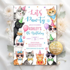 Puede incluir: Una invitación digital con el tema "Let's Paw-ty", con gatos de dibujos animados con sombreros de fiesta y gafas de sol. La invitación es para el 7º cumpleaños de Ashley, con la fecha y la hora mostradas. El logotipo de Canva es visible.