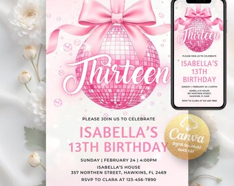 Coquette Bow Disco Birthday Invitation, Girl Pink Disco ball Party Invite, Digital Download, Editable Canva Template