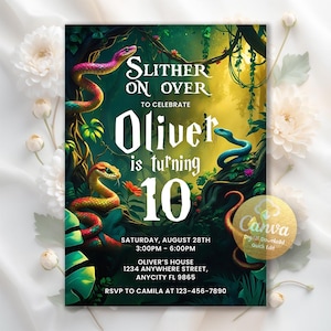 Editable Reptile Birthday Invitation, Slither, Hop and Crawl Invite, Reptile Show Invitation, Zoo Birthday Invite, Editable Canva Template