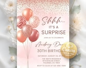 It's a Surprise Party Invitation, Women Birthday Invitation Balloons, Rose Gold Birthday Invite, Digital Download, Editable Canva Template