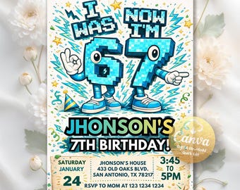 Invitación de cumpleaños con meme de Six Seven, invitación para el séptimo cumpleaños de un niño, invitación de cumpleaños de "Tenía 6 años y ahora tengo 7", estilo de juego retro, plantilla editable de Canva.