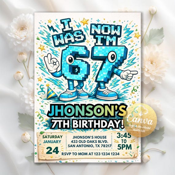 Six Seven Meme Birthday Invitation, 7th birthday invite boy, I Was 6 Now I’m 7 birthday invite, Retro gaming style, Editable Canva Template