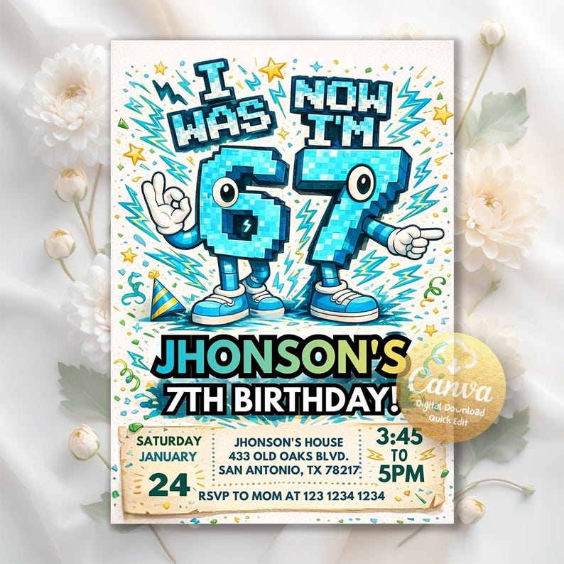 Six Seven Meme Birthday Invitation, 7th birthday invite boy, I Was 6 Now I’m 7 birthday invite, Retro gaming style invitation, pixel meme
Birthday Invitation,party invitation,for boys,Bruh birthday,6-7 Birthday Invite,Six Seven Meme,7th birthday,Printable,editable,pixel meme art,Retro gaming style,I Was Now I m 67,Italian brainrot
retro gaming style,bruh birthday,italian brainrot,6-7 birthday invite,7th birthday,birthday invitation,editable,bruh you in invite,bruh birthday invite,6-7 meme invite