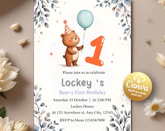 Invitación de cumpleaños de oso, primer cumpleaños de oso verde, invitación neutral de oso de peluche, primer cumpleaños bohemio de oso, plantilla editable de Canva