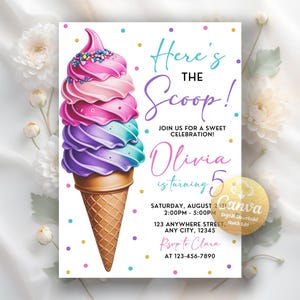 Ice Cream Birthday Invitation, Ice cream Here&#39;s the Scoop, Pink Mint Purple Girl Birthday Printable Digital Download,Editable Canva Template