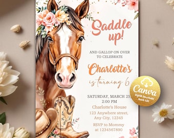 Cowgirl-Geburtstagseinladung, rosa Cowgirl-Party einladen, Weltraum-Cowgirl-Geburtstag, Rodeo-Einladung, rosa Blumengeburtstag, bearbeitbare Canva-Vorlage