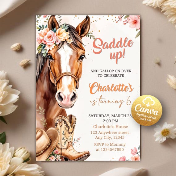 Cowgirl Birthday Invitation, Pink Cowgirl Party Invite, Space Cowgirl Birthday, Rodeo Invite, Pink Floral Birthday, Editable Canva Template