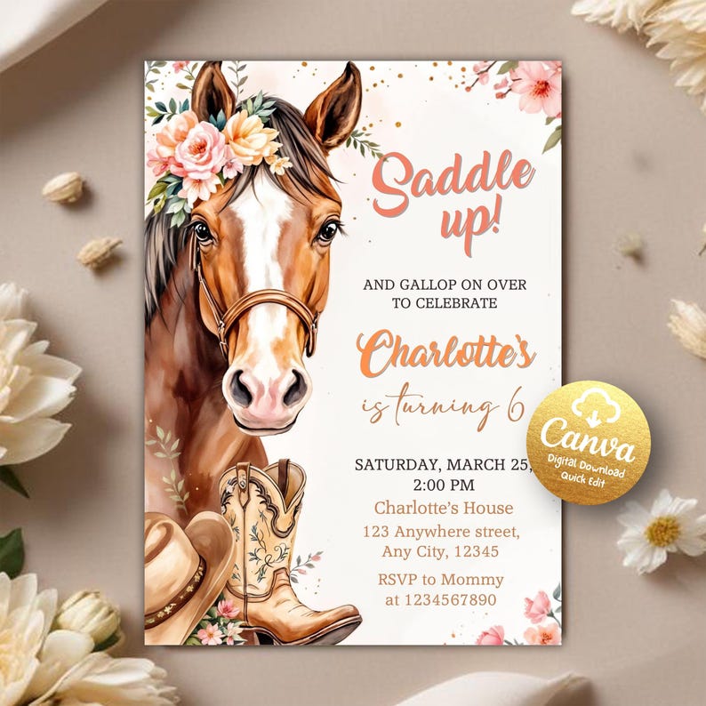 floral cowgirl party, pink cowgirl invite, cowgirl party invite, cowgirl birthday, pink rodeo template, horse birthday, pony birthday, cowgirl party, saddle up, horse invitation