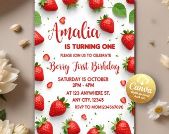 Berry First Birthday Invitation, Editable 1st Birthday Girl Invite, Printable Strawberry First Birthday Girl Invite, Editable Canva Template