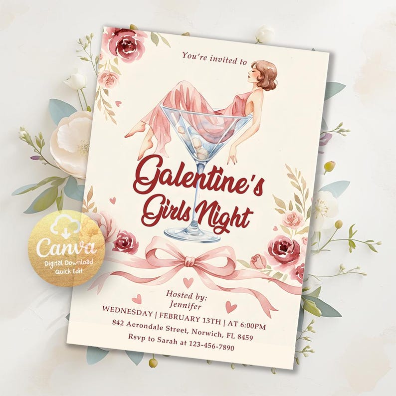 Galentine's Day Girls Night Out Invitation, Pink Bow Red Hearts Cute ...