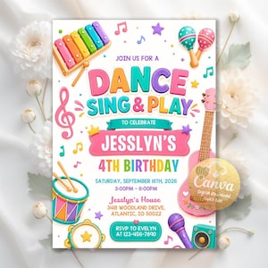 May include: A colorful birthday invitation card featuring musical instruments like a xylophone, maracas, guitar, drum, and microphone. The text reads: JOIN US FOR A DANCE SING & PLAY TO CELEBRATE JESSLYN'S 4TH BIRTHDAY, SATURDAY, SEPTEMBER 16TH, 2026.