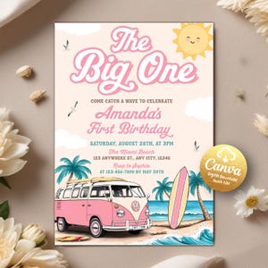 Editable The Big One Surf Birthday Invitation, Surfboard Birthday Invite, Printable Beach Summer Pool Party Invite, Editable Canva Template