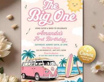 Redigerbar födelsedagsinbjudan till The Big One Surf, födelsedagsinbjudan till surfbräda, utskrivbar inbjudan till strand- och sommarpoolparty, redigerbar Canvas-mall