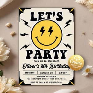 May include: A yellow and black birthday party invitation with a smiley face with lightning bolts for eyes. The text reads "Let's Party" and "Oliver's 8th Birthday".