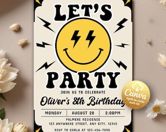 Lächeln Gesicht Groovy Geburtstagseinladung, Retro glücklicher Typ Geburtstagsfeier einladen, Smiley Gesicht Let's Party, bearbeitbare Canva Vorlage