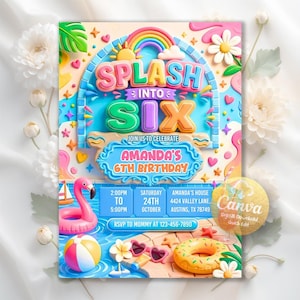 Inbjudan till poolparty till Splash Into Six, poolparty till tjejer, sommarbad, Dive Into Six, redigerbar Canva-mall