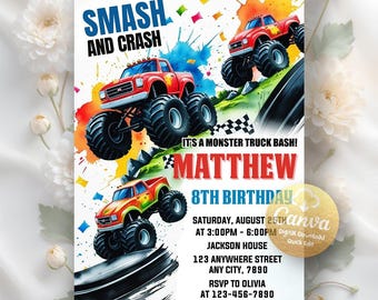 Monster Truck Birthday Invitation, Boy Monster Truck Birthday Invite, Monster Truck Party Invites, Digital Download, Editable Canva Template