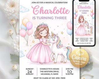 May include: A digital invitation for a third birthday celebration. The design features a watercolor illustration of a girl in a pink dress with a unicorn. The text reads "Charlotte is turning three" and includes event details.