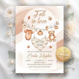 Inbjudan till babyshower med höstpumpa, babyshowerinbjudan med pumpa, digital nedladdning, redigerbar Canva-mall