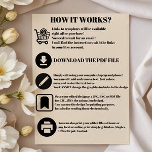 Puede incluir: Un gr&aacute;fico informativo beige con el texto "HOW IT WORKS?" e instrucciones para descargar y editar un archivo PDF. El gr&aacute;fico incluye iconos de un carrito de compras, una flecha de descarga, un l&aacute;piz, un marcador y una impresora.