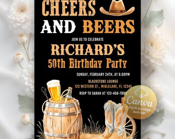 Cheers and Beers Invitation, Cowboy Western Cheers and Beers Boots Surprise Birthday Invitation,  Digital Download, Editable Canva Template