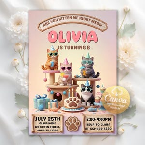 May include: A birthday party invitation featuring cartoon cats wearing party hats and sunglasses. The invitation includes the name "Olivia", the age "8", and party details. The design incorporates gifts, cupcakes, and a paw print.