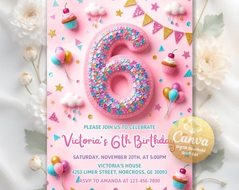 6th Birthday Invitation Girl, Rainbow Sequin Glitter Party Invite, Girls 6h Birthday Invite, Rainbow Sequin Invite, Editable Canva Template