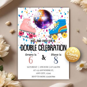 Skate Birthday Party Double Birthday Celebration, Roller Disco Party Birthday Invitation, Sibling Birthday Party, Editable Canva Template
