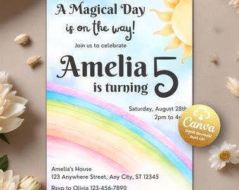 Editable Watercolor Rainbow Birthday Invitation, Colorful Party Invite, Girls Invite, Pastel Rainbow Birthday Invite Editable Canva Template
