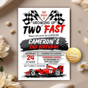 May include: A birthday invitation for a 2-year-old boy with a racing car theme. The invitation features a red racing car with a black number 2 on the side, chequered flags, and the text "Our racer is growing up two fast". The invitation also includes the date and time of the party, the location, and the RSVP information.