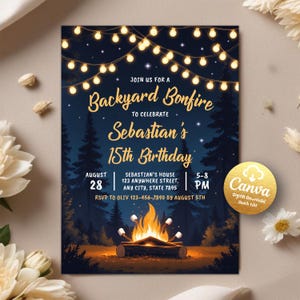 Inbjudan till brasa, inbjudan till bakgårdsbrasa, födelsedagsinbjudan till S'mores, inbjudan till brasfest, campinginbjudan, redigerbar Canvas-mall