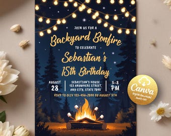 Bonfire Birthday Invitation, Backyard Bonfire Invite, S'mores Birthday Invite, Bonfire Party Invite, Camping Invite, Editable Canva Template
