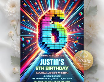 Invitación de sexto cumpleaños, invitación de cumpleaños de niño, fiesta de sexto cumpleaños, invitación a fiesta de bloques de construcción, descarga digital, plantilla editable de Canva
