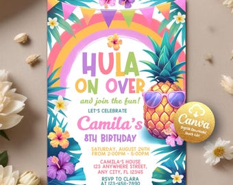 Invitación de cumpleaños tropical "Hula On Over", invitaciones hawaianas, invitación de luau, fiesta Aloha, plantilla imprimible de Canva para invitación de fiesta de piña