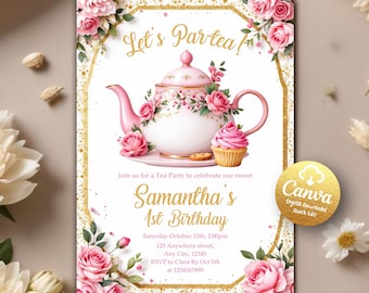 Editable Tea Party Birthday Invitation, Par-tea Invitation, Girl Par-tea Invite, Pink Gold Whimsical Tea Party, Editable Canva Template