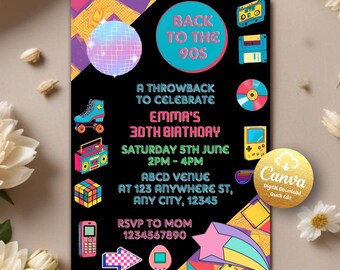 Editable 90s Birthday Invitation, 90s Birthday Party, 90s Party Invite, Back to 90s, 90s Invitation, Retro Birthday, Editable Canva Template