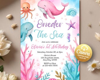 Oneder the Sea Birthday Invitation, Under the Sea Printable Template, 1st Birthday, Ocean Animals Girls Under the Sea Invite, Editable Canva