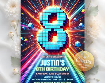 8th Birthday Invitation, Boy Birthday Invite, 8th Birthday Party, Building Blocks Party Invite, Digital Download, Editable Canva Template