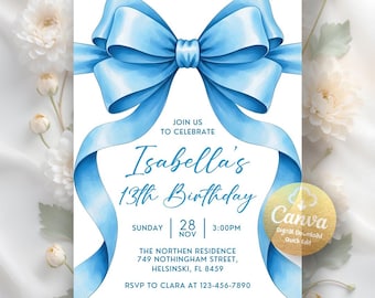 Blue Bow Birthday Invitation: Coquette Party Invite, Digital Download, Editable Canva Template