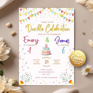 Editable Sibling Birthday Invitation, Double Birthday Invitation, Dual Celebration, Twins Invitation, Joint Birthday,Editable Canva Template
