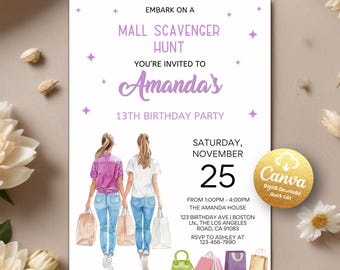 Mall Scavenger Hunt Invitation Template, Mall Party Invitation, Teen Birthday Scavenger Hunt Invite, Fashion Invite, Editable Canva Template