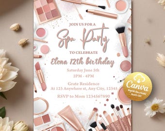 Spa Party Birthday Invitation Template, Pamper Party Invitation, Spa Party Makeup Birthday Invite Girls Pink, Editable Canva Template