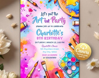 Invitación de cumpleaños para pintar, invitación para pintar y celebrar, invitación de cumpleaños de un artista de pintura artística, fiesta de arte, plantilla editable de Canva