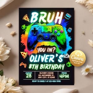 Bruh Geburtstagseinladung, BRUH SIE IN? Neon Gamer Geburtstagseinladung, Bruh Neon Party einladen, Jungen Teenager einladen, bearbeitbare Canva Vorlage