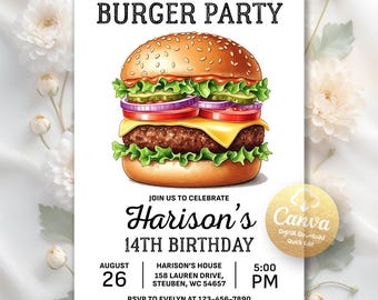 Invitation d'anniversaire sur le thème des hamburgers, Invitation d'anniversaire avec barbecue dans le jardin, Fête de cheeseburgers pour enfants, Invitation pour une fête de goûter, Modèle Canva modifiable