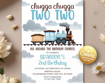 Train Birthday Invitation, Chugga Chugga Choo Choo Invitation, Two Two 2nd Birthday Invite, Second Birthday Party, Editable Canva Template
