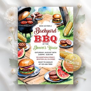 Barbeque Birthday Invitation, Bbq Birthday Party Invite, Bbq Invitation, Bbq Birthday Printable DIgital Invitation, Canva Editable Template